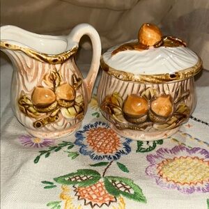 Vintage Ceramic Cream and Sugar Set with Acorn design.